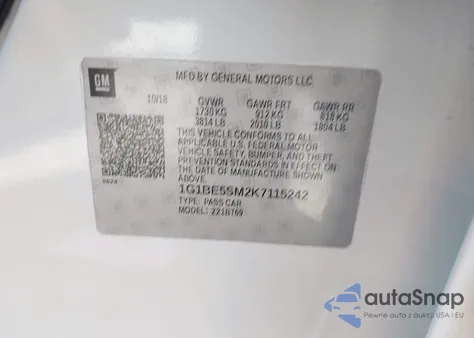 2019 Chevrolet Cruze Lt z USA, uszkodzony, nr VIN 1G1BE5SM2K7115242